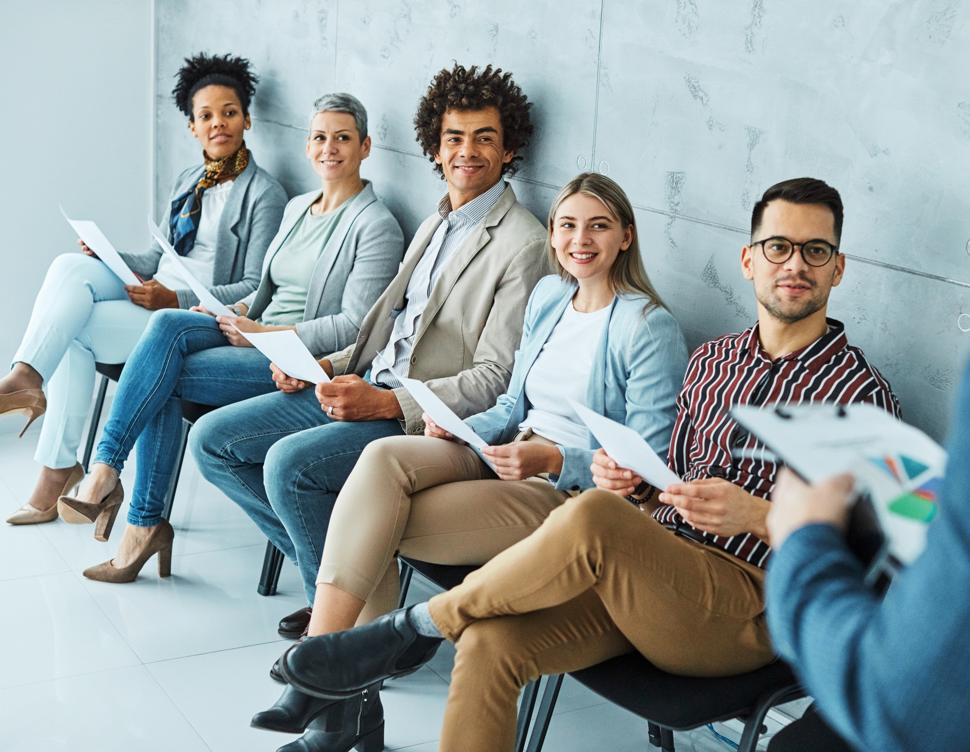 man business chair sitting waiting woman businessman candidate recruitment businesswoman office