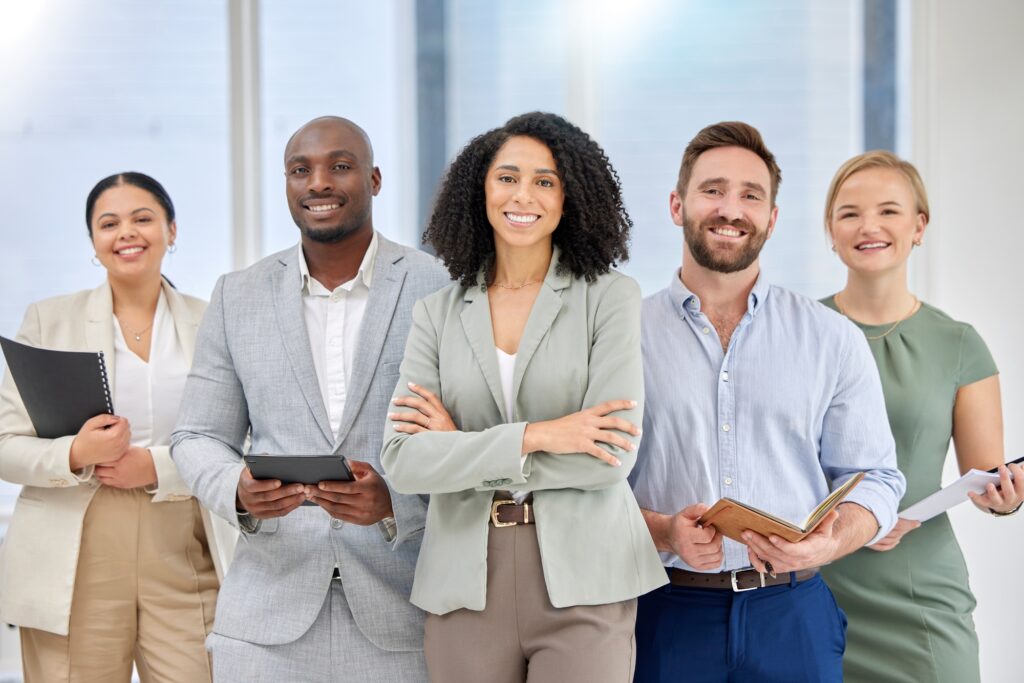 Teamwork, manager portrait and diversity of office team happy about hr collaboration. We are hiring